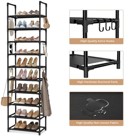 VTRIN 10 Tier Tall Shoe Rack with 18 Hooks