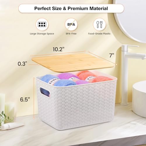 4 Pack Stackable Storage Bins with Bamboo Lids - White
