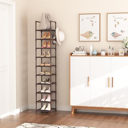 LANTEFUL 10-Tier Tall Narrow Shoe Rack Storage Organizer for Closets Entryways Dorms Brown