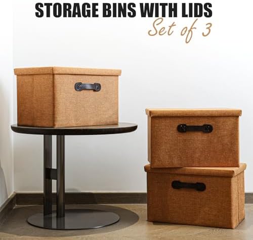 EnzkUnity Lidded Storage Bins 3-Pack Brown Fabric Linen Foldable Basket with Handle