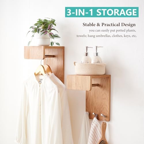 Oak Wood Wall Mounted Coat Rack with 3 Hooks and Floating Shelf