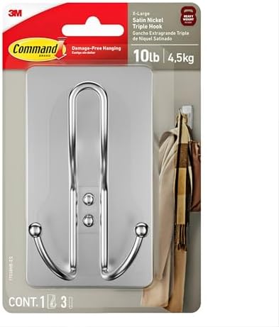 Command X-Large Satin Nickel Triple Hook No Tools Wall Mount