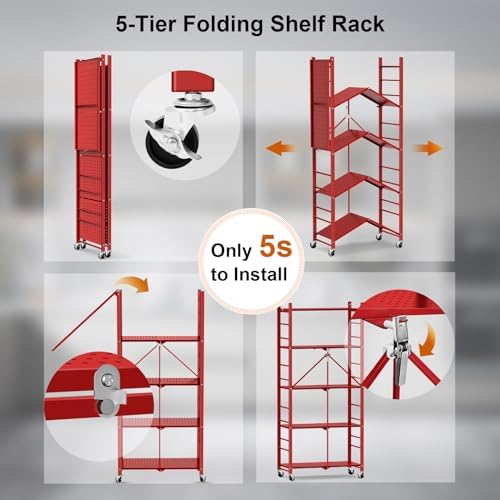 Himix 5-Tier Foldable Storage Shelves with 20 Hooks Red