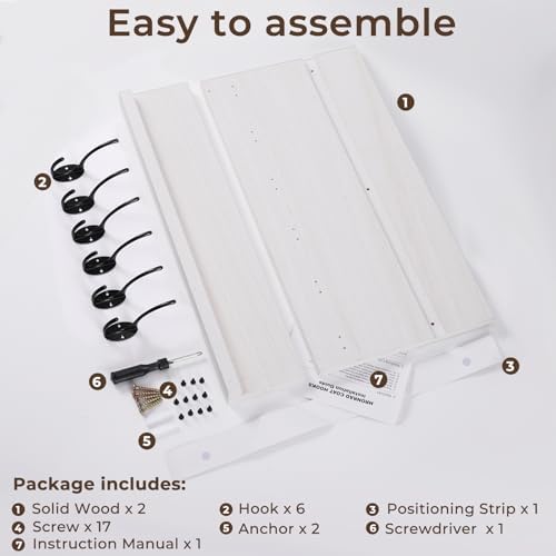 White Wall Mount Coat Rack with 6 Double Hooks and Shelf