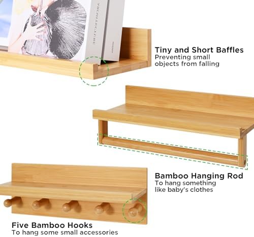 Ollieroo Set of Four Floating Bamboo Book Shelves for Kids Room Wall Mount Natural