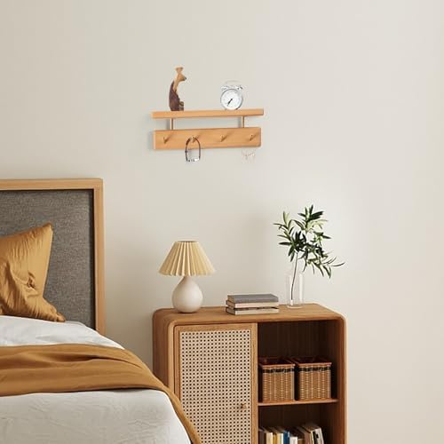 Solid Wood Shelf with Hooks 12 Inch Coat Rack Wall Mount