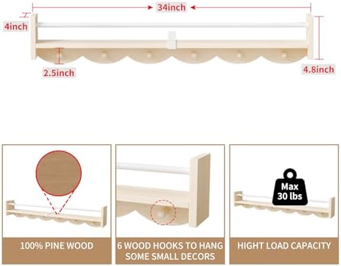 34 Inch Wall Mounted Bookshelf with 6 Hooks Set of 3