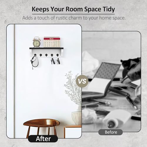Nekon Wall Key Holder with Floating Shelf and 5 Hooks Black