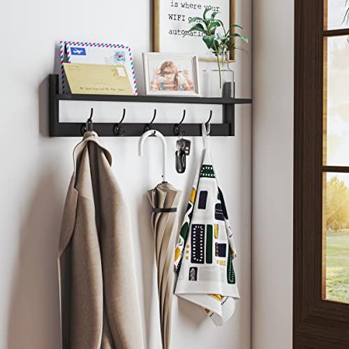 BAMEOS Wall Mounted Shelf with Hooks - Black