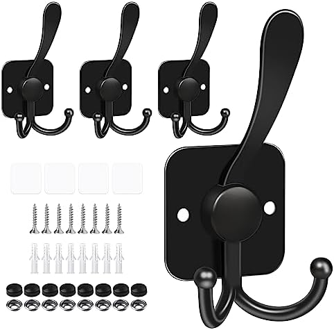 VISV 3 Prong Coat Hooks Wall Mount Black 4 Pcs