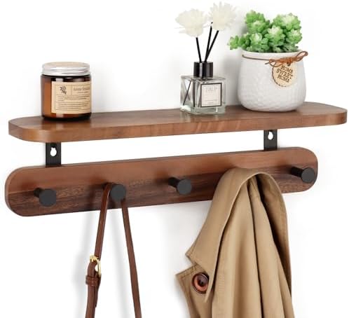 Walnut Wall Shelf with 5 Hooks for Entryway Storage
