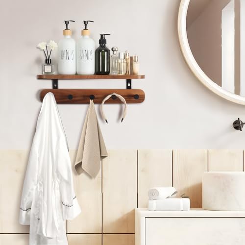 Walnut Wall Shelf with 5 Hooks for Entryway Storage