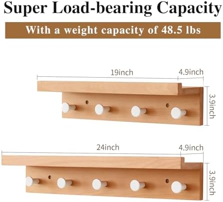 Beech Wood Wall Hooks with Shelf 19 Inch