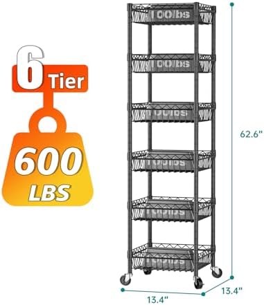 SINGAYE 6 Tier Adjustable Wire Shelf with Wheels Black