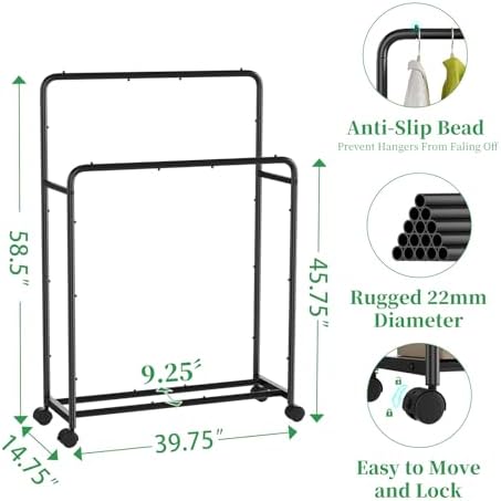 Simple Trending Double Rod Garment Rack with Wheels Black
