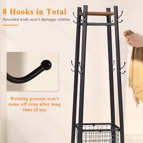 VECELO Freestanding Coat Rack with Metal Basket and Shelves