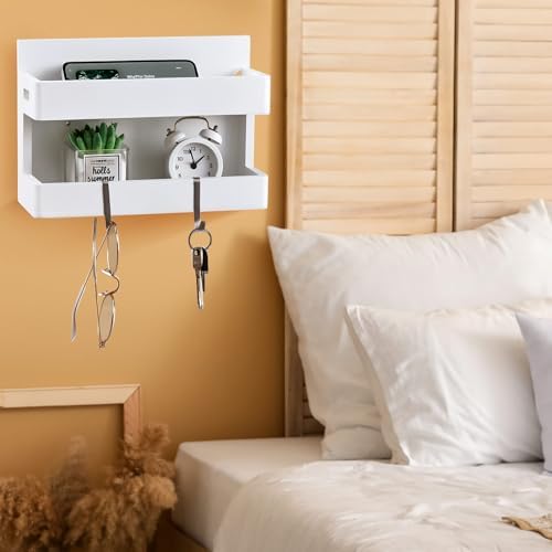 Pinkunn Wall Mounted Wooden Bedside Shelf with Hooks
