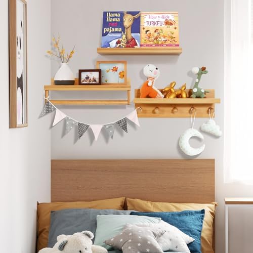 Ollieroo Set of Four Floating Bamboo Book Shelves for Kids Room Wall Mount Natural
