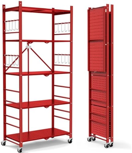 Himix 5-Tier Foldable Storage Shelves with 20 Hooks Red