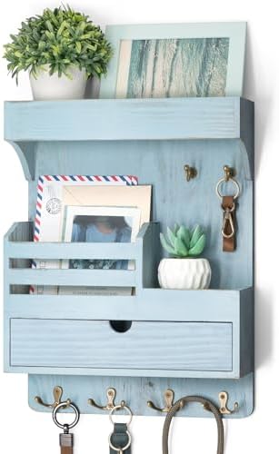 Rebee Vision Farmhouse Key Holder Wall Mount with Drawer Organizer - Blue