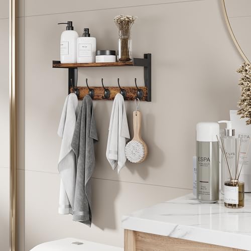 Wall Hooks with Shelf Wood Coat Rack with 5 Metal Hooks