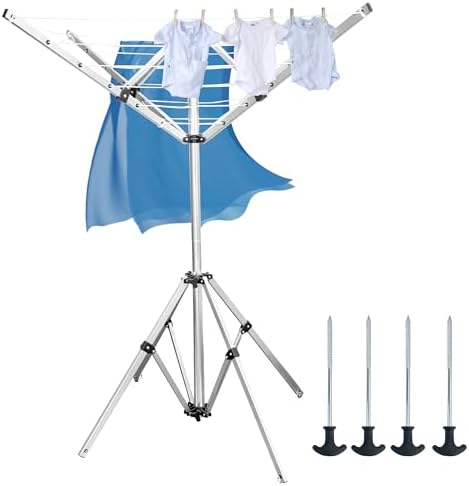 4-arm Telescopic Aluminum Drying Rack with 28 Ropes and Windproof Rotating Design