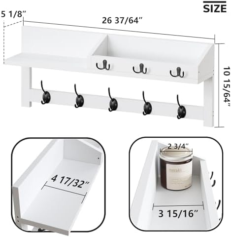 AMBIRD 2657 Inch Wall Shelf With 5 Dual Hooks And 3 Key Hooks