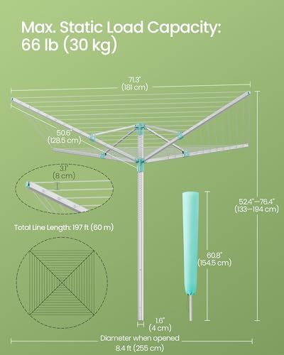 SONGMICS Retractable Clothesline Drying Rack with Ground Spike and Cover