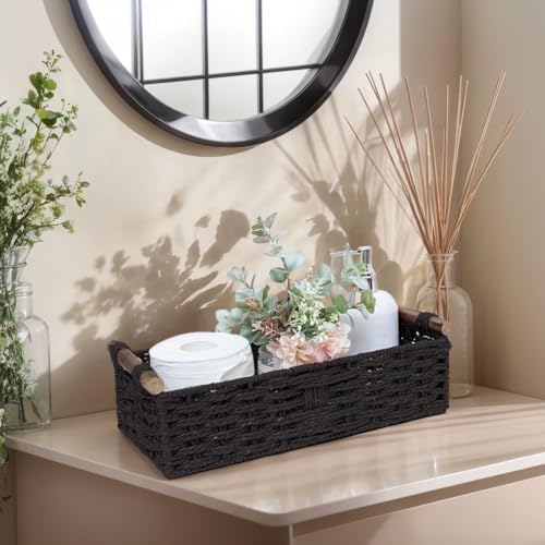 Black Paper Rope Storage Basket with Wooden Handle 1PC