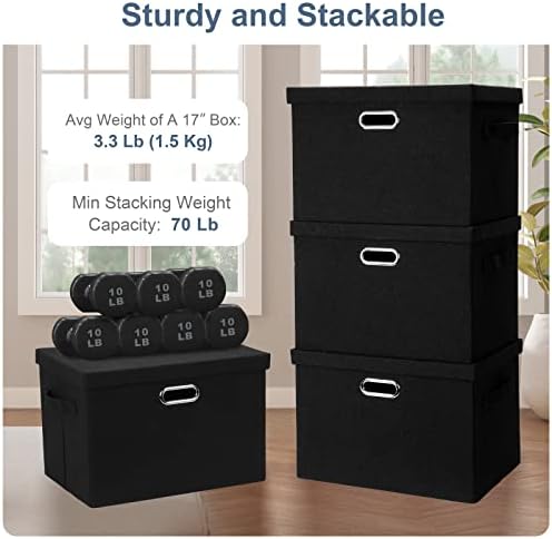 Graciadeco 17 Inch 36 Quart Collapsible Storage Bins with Lids 5 Pack Black Linen Fabric Closet Boxes
