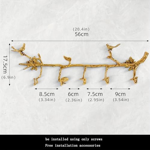 Brass Wall Mounted Hanger with 6 Hooks and Bird Decor
