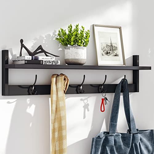 BAMEOS Wall Mounted Shelf with Hooks - Black