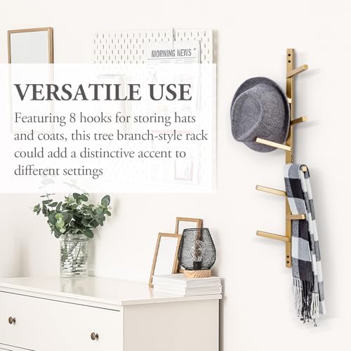 MyGift 8 Hook Vintage Gold Tone Metal Wall Mounted Hat and Coat Hanger Tree