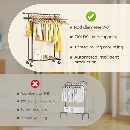 Double Rods Clothes Rack with Rolling Wheels