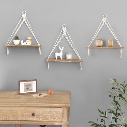 Mkono Macrame Hanging Shelves Set of 3 Rustic Wood Floating Storage Shelf for Bedroom Bathroom Living Room