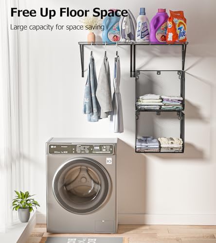 2 Pack Laundry Room Shelves with Wire Mesh Baskets and Wall Mount Clothes Drying Racks