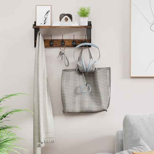 Wall Hooks with Shelf Wood Coat Rack with 5 Metal Hooks