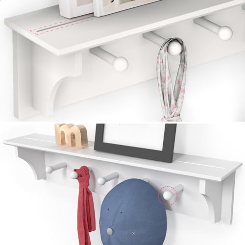 Ballucci Floating Coat and Hat Wall Shelf Rack 5 Pegs 24 White