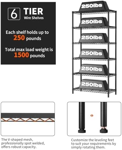 6 Tier Metal Shelf Organizer Storage Unit Black