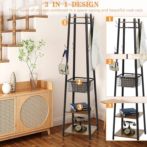 VECELO Freestanding Coat Rack with Metal Basket and Shelves