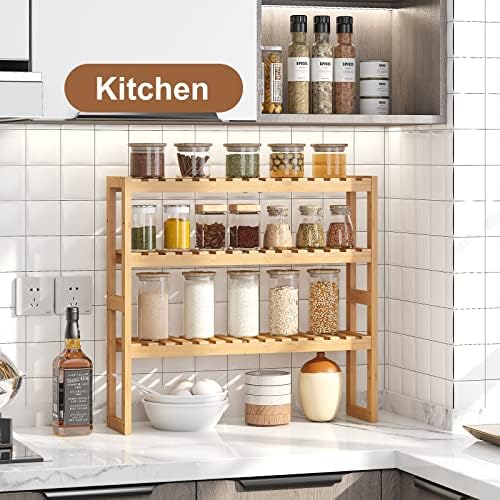 FILWH Bamboo Organizer Rack - Adjustable 3 Tier Storage Shelf