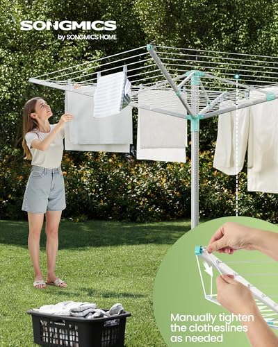 SONGMICS Retractable Clothesline Drying Rack 164 ft 5 Loads Height Adjustable Garden Use Silver Green