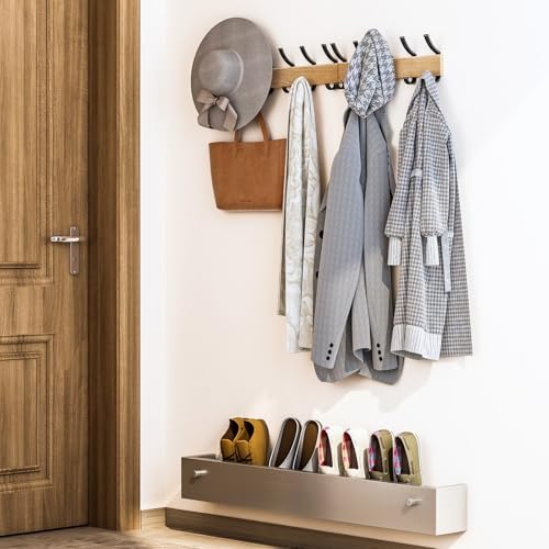 Solid Wood Coat Rack with 5 Black Hooks and Aluminum Frame