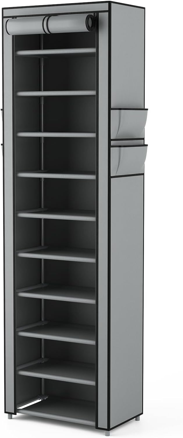 VTRIN 10 Tier Vertical Narrow Shoe Rack Organizer Tall Free Standing Grey