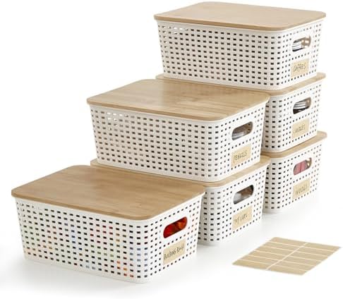 Small Plastic Storage Bins with Bamboo Lids 52Qt Stackable Organizers