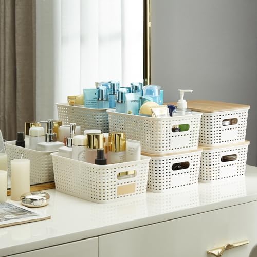 Small Plastic Storage Bins with Bamboo Lids 52Qt Stackable Organizers