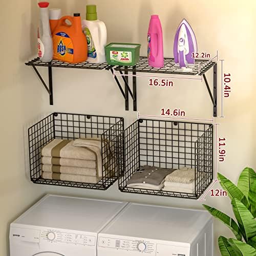 2 Pack Laundry Room Shelves with 8 Hooks Black