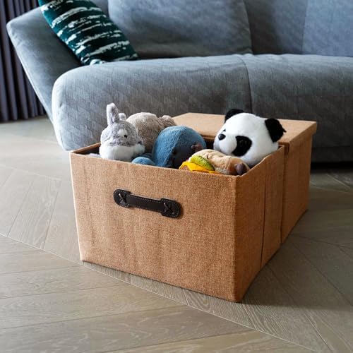EnzkUnity Lidded Storage Bins 3-Pack Brown Fabric Linen Foldable Basket with Handle