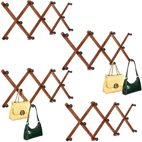 4 Pcs Expandable Wooden Coat Rack Wall Hanger with 11 Hooks