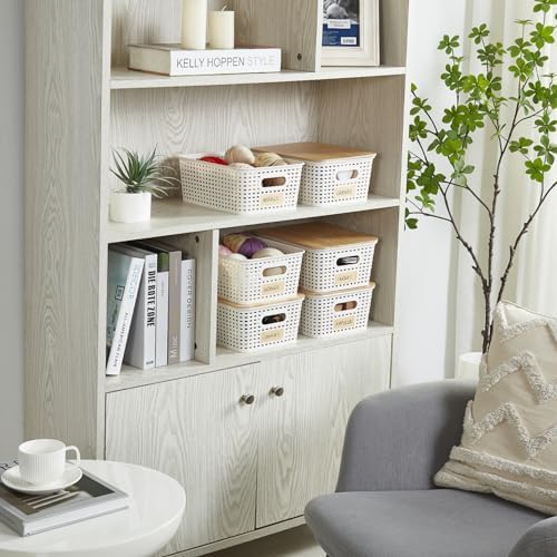 Small Plastic Storage Bins with Bamboo Lids 52Qt Stackable Organizers